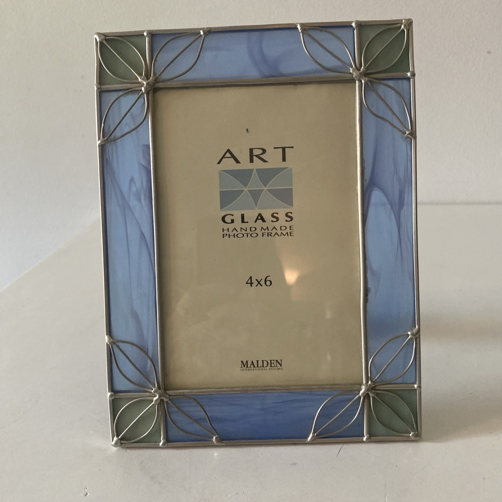 Malden Handmade Art Glass Photo Frame 4" x 6" Leaded Glass Blue And Silver